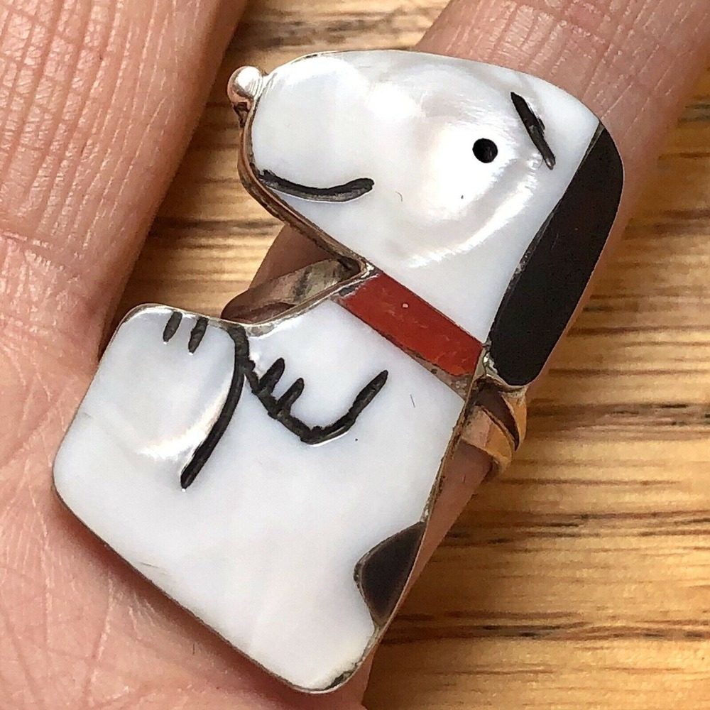 BIG Zuni Snoopy Ring Red Collar Sz 5 Inlay 925 Signed Comosona Peanuts Turquois